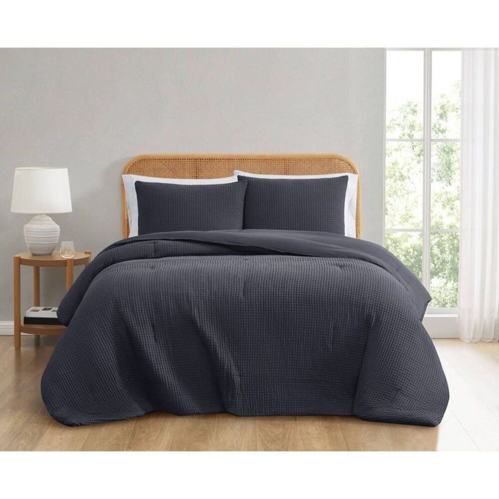 Truly Soft Full/Queen Textured Waffle Charcoal Comforter Set Gray